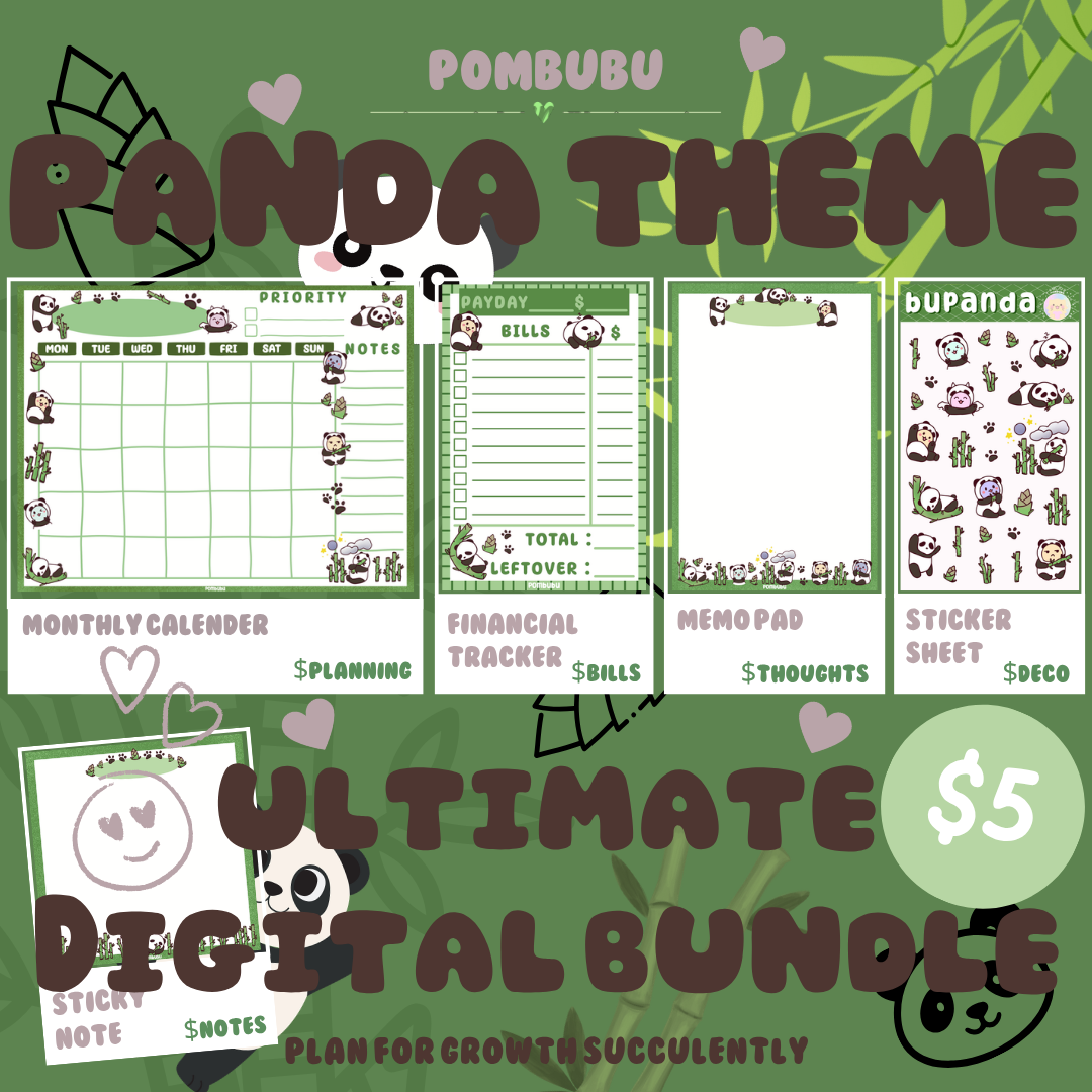 Panda Theme Digital Planner Bundle | Monthly Calendar, Finance Tracker, Notes (Digital Download)